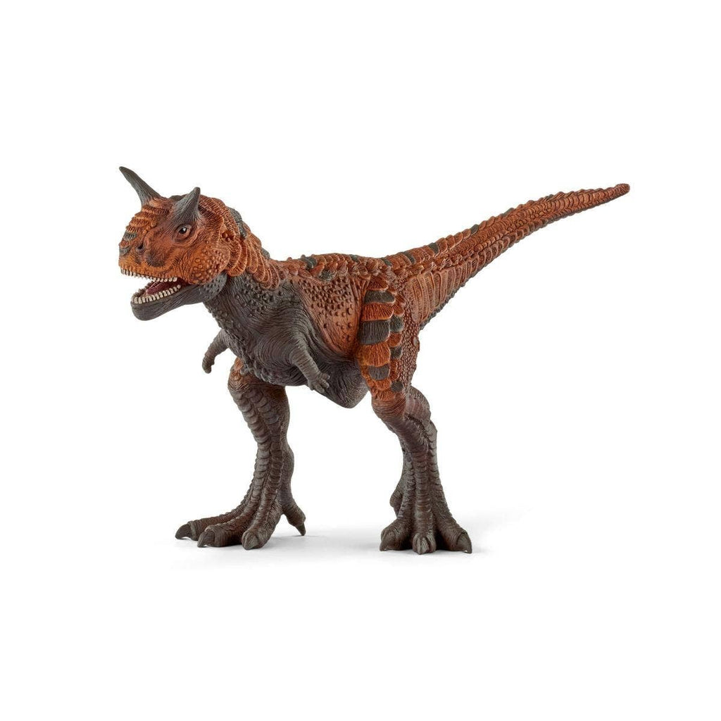 A Schleich Carnotaurus Large Realistic Dinosaur Toy with a brown and dark gray coloration, featuring two short horns above its eyes, sharp teeth, a long tail, and a movable jaw. This educational figurine stands on two legs against a white background and is perfect for inspiring curiosity about prehistoric creatures.
