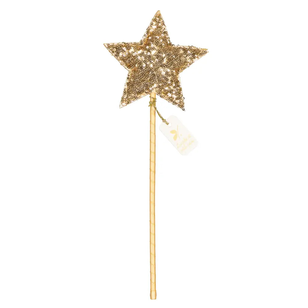 The Magic Wand - Gold Sequin Star features a sparkling gold sequin star on a gold stick with a small white tag—perfect to pair with your favorite glitter crown.