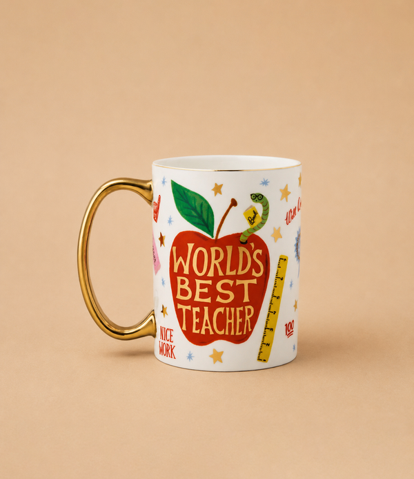 The World’s Best Teacher Porcelain Mug is crafted from white porcelain and features a gold handle. It showcases a red apple surrounded by vibrant designs, along with the text “World’s Best Teacher” and delightful illustrations of a ruler, pencil, and worm—making it an irresistibly charming illustrated mug for any educator.