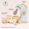 The Bakers Mixer Set & Accessories is a pastel wooden toy kitchen set with a mixer (rotating head, lifting feature), rolling pin, milk bottle, sugar and flour boxes, bowl, and two sliced eggs. Text reads "Hand Made with Love.