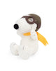 The Plush Peanuts Snoopy Sitting Flying Ace by Bon Ton Toys sits upright on a white background, sporting brown aviator goggles and a yellow scarf, inspired by the Peanuts comic strip.