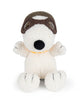 The Plush Peanuts Snoopy Sitting Flying Ace by Bon Ton Toys features soft, white textured fabric, brown aviator goggles, a green cap, black nose, and black stitching on its paws. Inspired by the Peanuts comic strip.