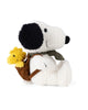 The Plush Peanuts Snoopy with Woodstock in Backpack by Bon Ton Toys sits upright, smiling with a green scarf. Snoopy carries a small yellow Woodstock plush in a brown backpack, all against a plain white background.