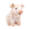 A Pig Stuffed Animal with a friendly expression, sitting down, isolated on a white background. Its eyes are pink and it looks soft and cuddly.
