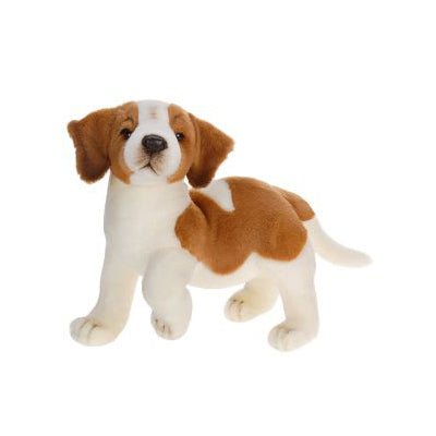 The Saint Bernard Puppy Dog Stuffed Animal features brown and white fur, floppy ears, a short tail, and a gentle expression. This hand-sewn plush toy stands on all four legs for an extra charming look.