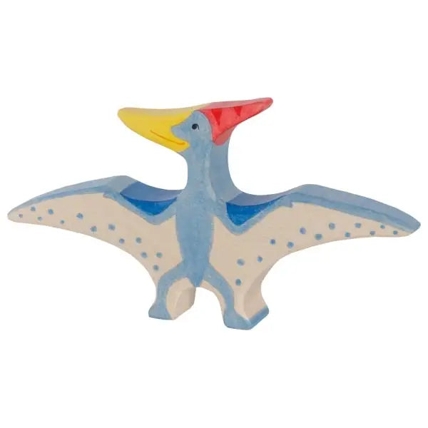 A colorful wooden Holztiger Pteranodon Dinosaur, handcrafted out of maple and beech wood. It features blue and beige wings with blue spots, a blue body, a yellow beak, and a red crest on its head. Made in Europe as part of the HOLZTIGER figures collection, this cheerful toy has outstretched wings as if in flight.