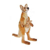 A Kangaroo Mom Stuffed Animal standing upright on its hind legs with a joey in its front pouch. Both the kangaroo and the joey are made of soft brown and cream-colored fabric, featuring realistic details that HANSA animals are renowned for.