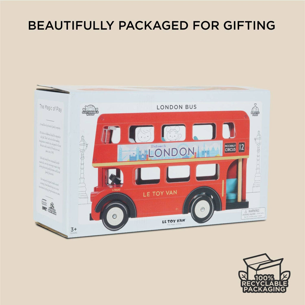 The London Wooden Bus is presented in a white box with city illustrations. "Beautifully Packaged for Gifting" appears above, and a "100% Recyclable Packaging" icon is shown—making it an ideal early learning toy.