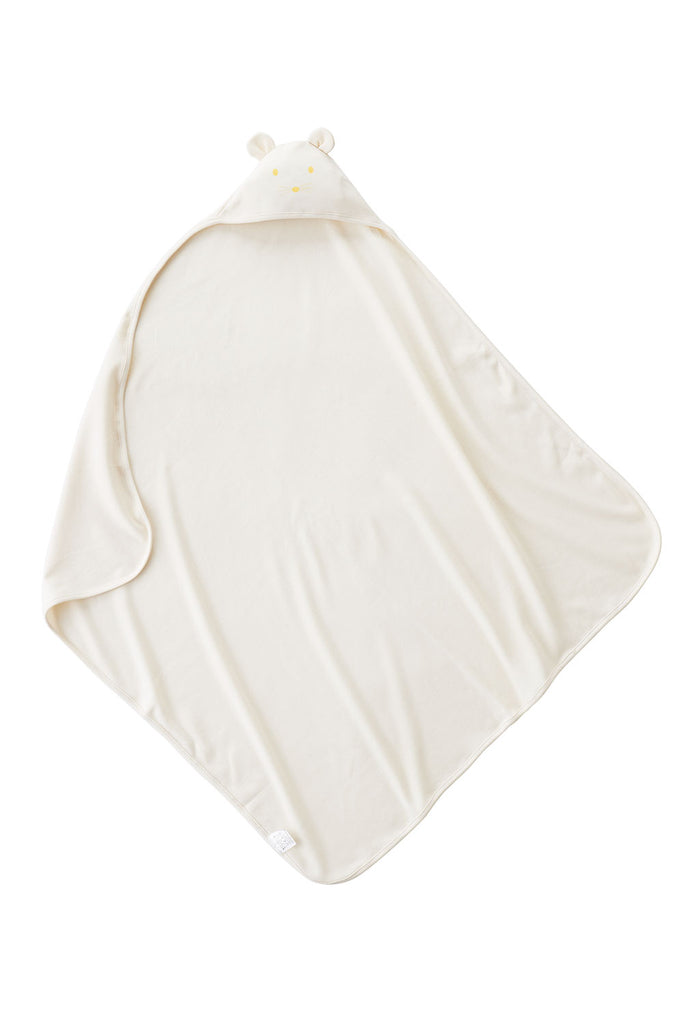 A white Baby Swaddle with a hood shaped like a bear's head. The swaddle features small, round, yellow embroidered eyes and a small nose on the hood. Made from organic cotton for extra softness, this cozy swaddle is perfect for wrapping around infants aged 0-3 months.