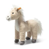 A Gola Standing Horse Plush Stuffed Toy with a fluffy white mane and tail, light beige cuddly soft plush body, and dark gray hooves, standing against a white background, featuring the Button in Ear trademark