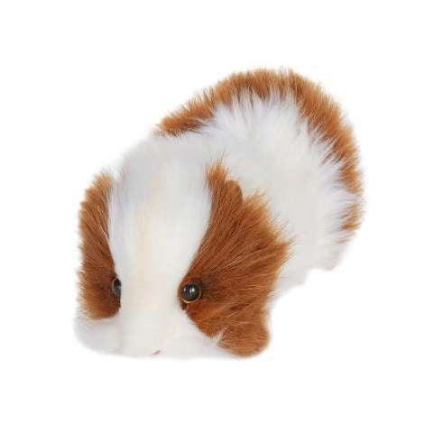 A Guinea Pig Stuffed Animal with a white and brown fur pattern, isolated on a white background. This artisan crafted toy has shiny black eyes and a small pink nose.