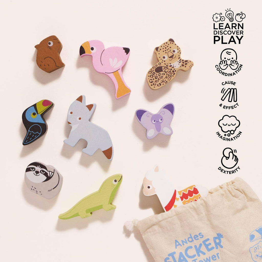 The Andes Stacking Animals & Bag features wooden animal blocks—bird, cheetah, and llama—on a light surface with an open cloth bag. Icons show skills developed: coordination, imagination, and sensory play for creative stacking fun.