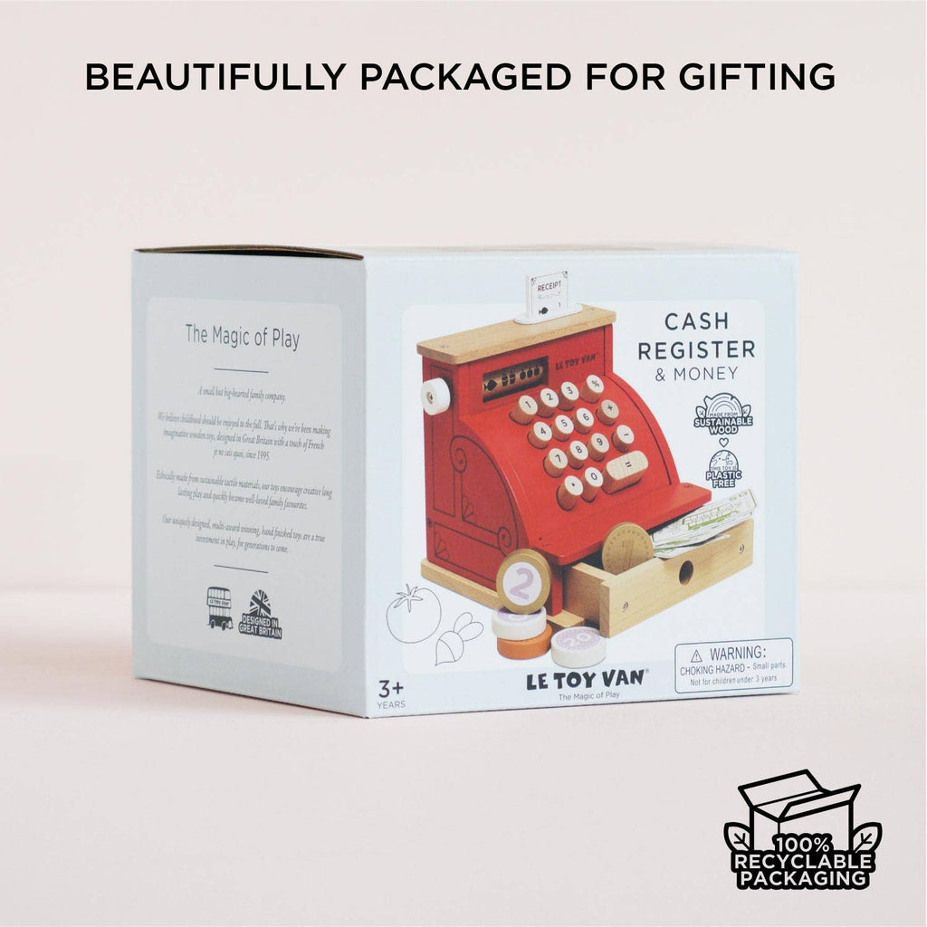 The Cash Register & Money playset sits against a light background in eco-friendly packaging. The box features “Beautifully packaged for gifting” and “100% recyclable packaging,” making it a perfect educational roleplay toy.