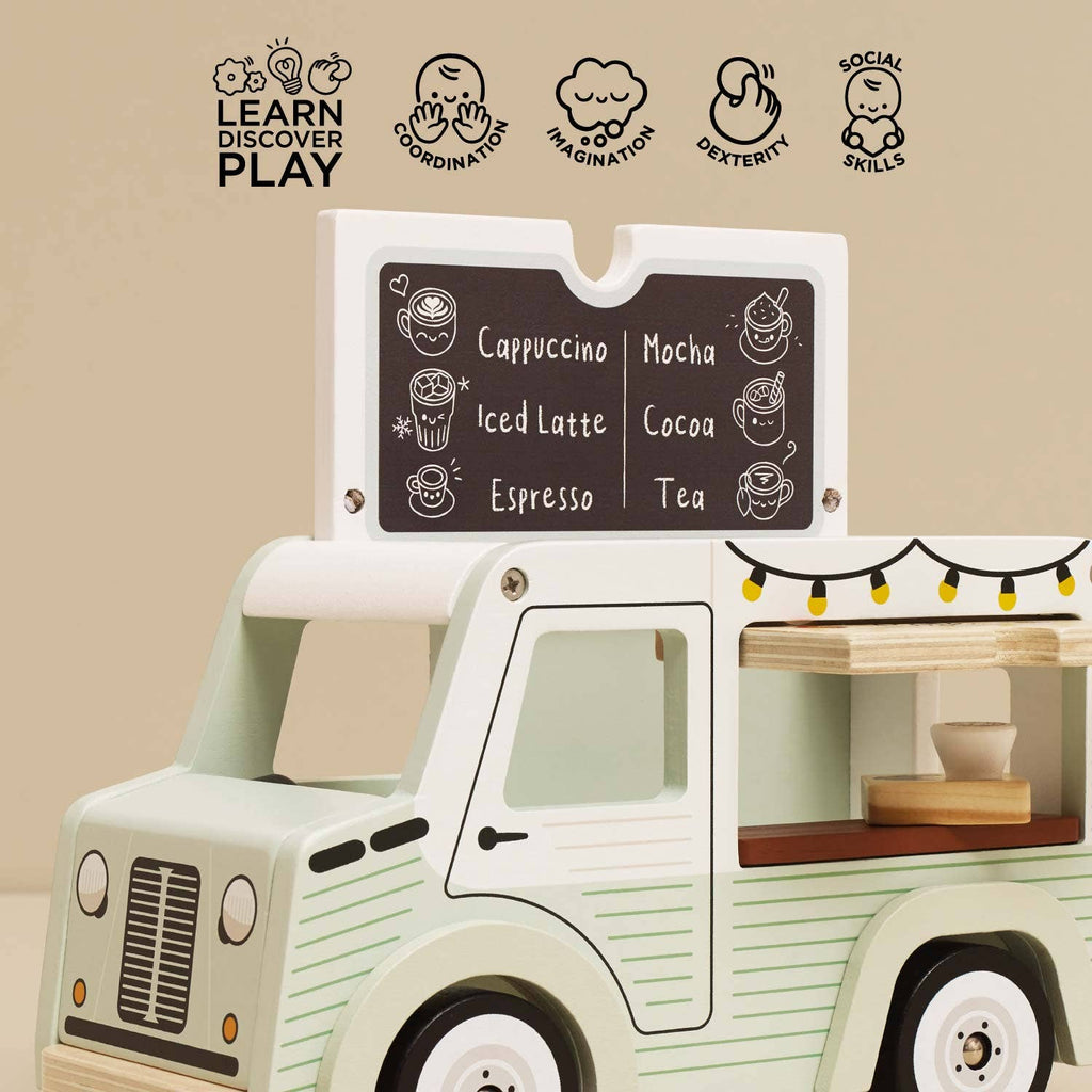 The Mobile Café Van, a vintage-style toy coffee truck with a chalkboard menu, serves cappuccino, mocha, and more. Made from FSC-certified wood, it encourages imaginative play while enhancing coordination and social skills.