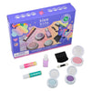 Klee Naturals Deluxe Makeup Kit - Unicorn Cloud Fairy featuring two lip balms, a bottle of nail polish, three compacts with colorful powder, an applicator, and a brush, displayed in front of its purple unicorn-themed packaging.