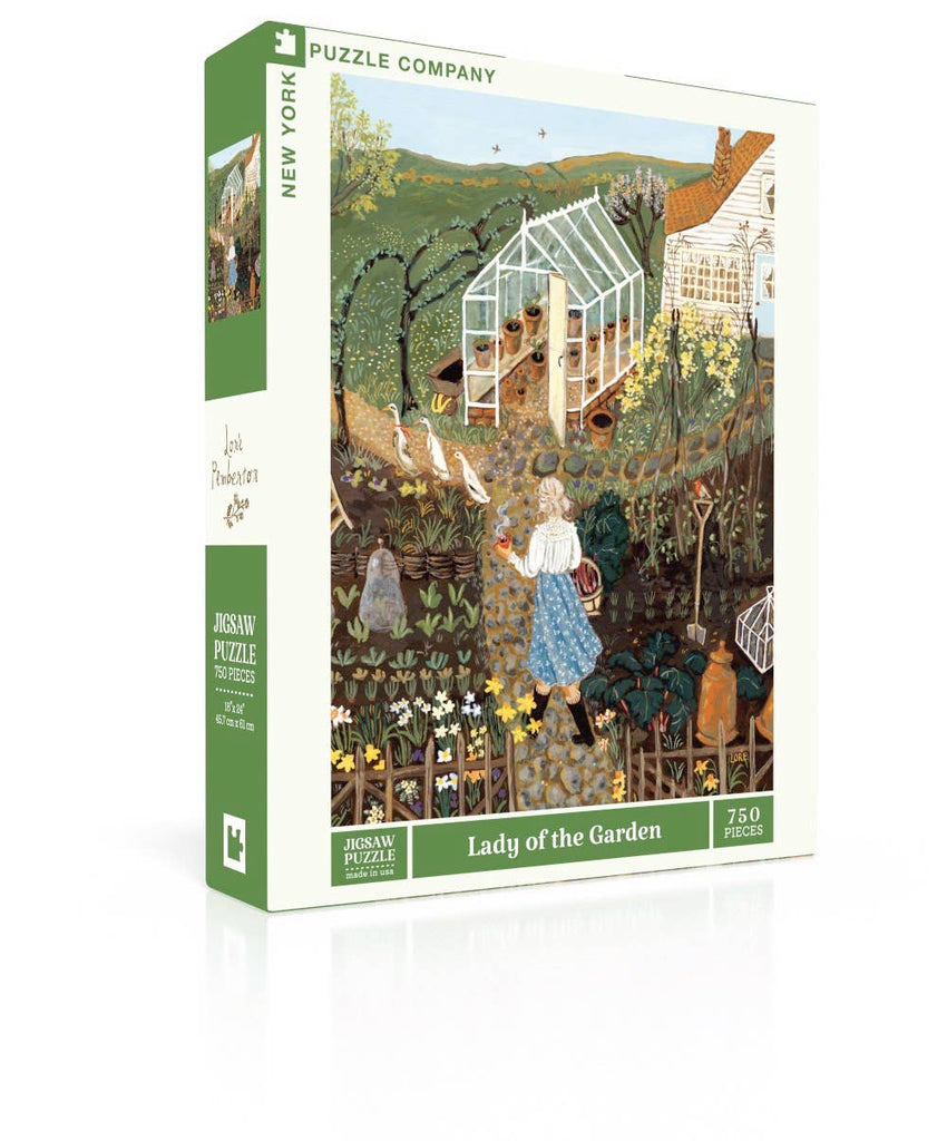 Lady of the Garden - 750 Piece Spring Jigsaw Puzzle box featuring an illustration of a woman holding a watering can in a garden with a greenhouse and geese.