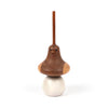 The Wooden Spinning Top - Bird features a long, upright stick as its head, small round eyes, and wing-like sides. Crafted from sustainably sourced wood, it sits perched on a smooth white sphere against a plain white background.