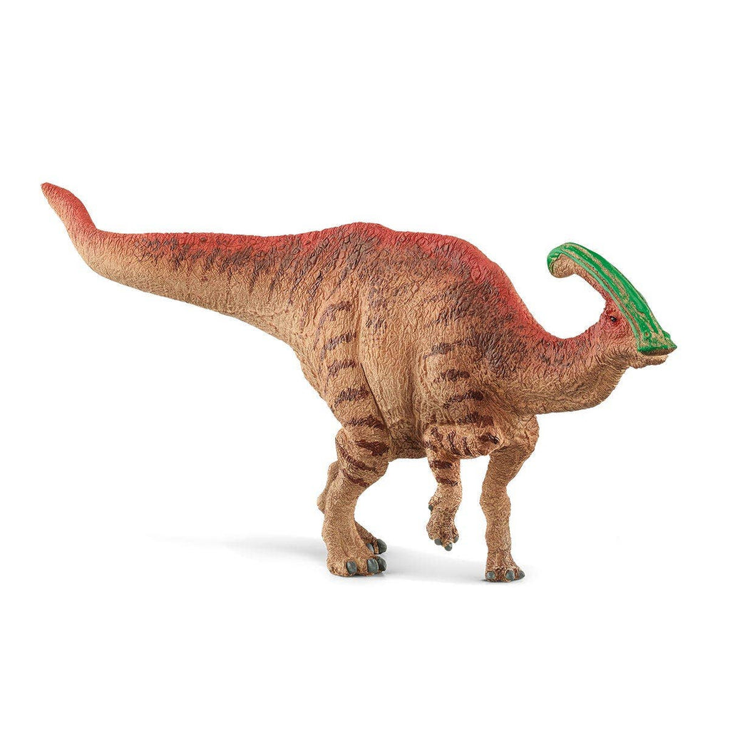 The Schleich Parasaurolophus Large Dinosaur Toy is a plastic figurine featuring a red and brown striped body, standing upright on two legs with a prominent green crest on its head. Showcasing the meticulous craftsmanship characteristic of Schleich Dinosaurs, this figure makes an ideal dinosaur gift for any aspiring young paleontologist.