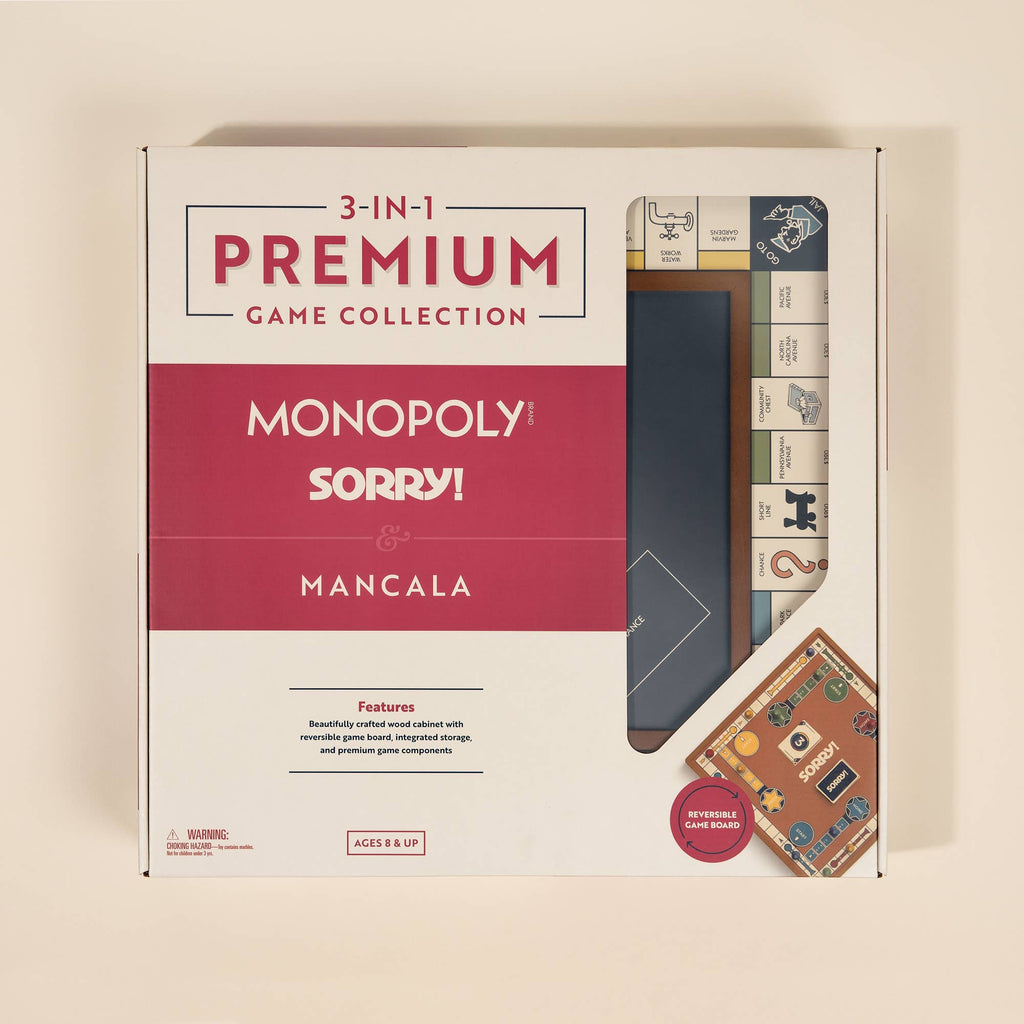 The 3-in-1 Game Collection: Monopoly, Sorry & Mancala is a premium boxed wooden board game set featuring the classic games. The box displays the Monopoly and Mancala boards and lists its features and contents on the front.