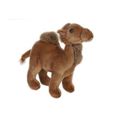 A soft, plush Young Camel Stuffed Animal stands upright. This hand-sewn animal is brown with a furry hump on its back, a tuft of hair on its head, and a gentle expression. Its short, sturdy legs add to its unique personality, making it appear both cuddly and well-made.