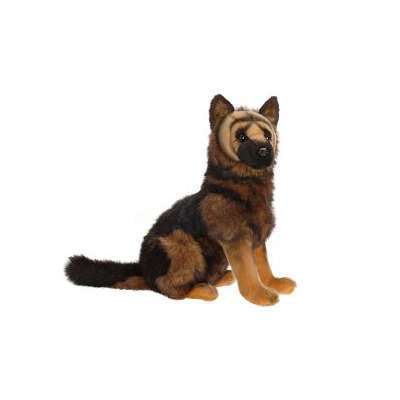 A realistic German Shepherd Puppy Stuffed Animal sitting on a white background, featuring detailed fur and bright, attentive eyes.
