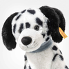 The Steiff Oskar Dalmatian Dog is an 11-inch plush with black spots, floppy black ears, and a soft white body, featuring a gray collar and a yellow tag on its ear.