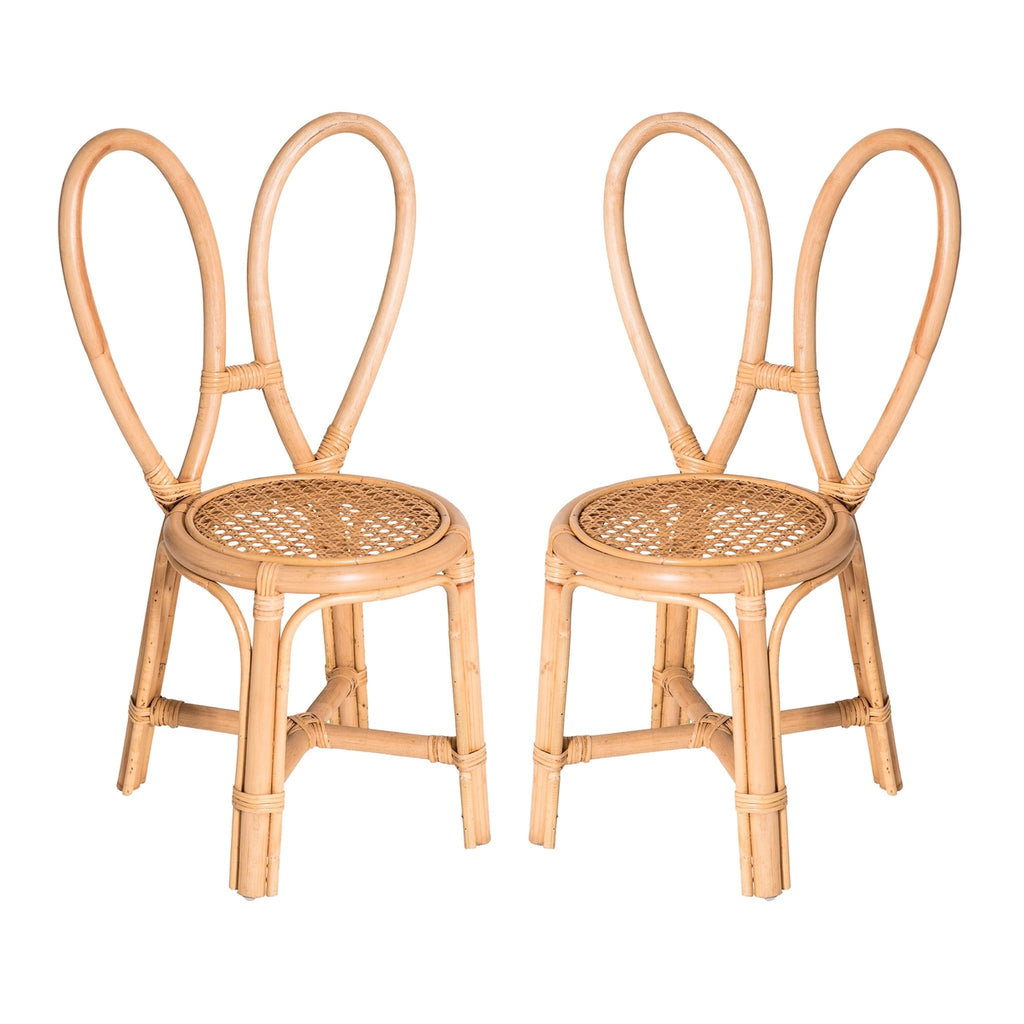 Two identical Toddler Rattan Bunny Chairs with round rattan seats and curved backrests, isolated on a white background.