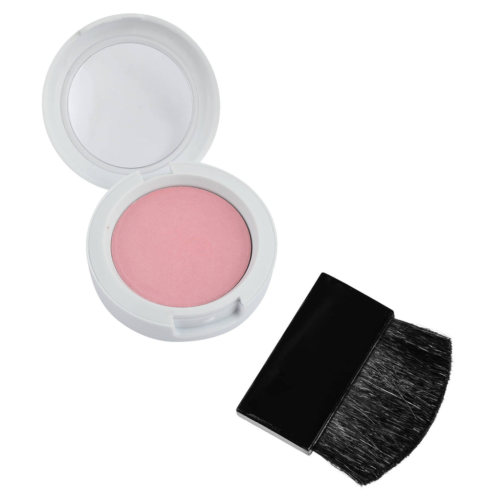 Open white compact with pink blush powder and a flat brush from the Klee Naturals Deluxe Makeup Kit - Unicorn Cloud Fairy.