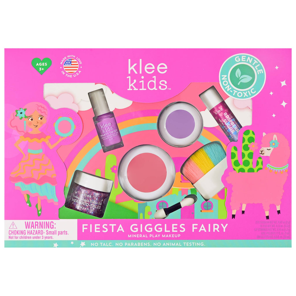 Klee Naturals Deluxe Makeup Kit - Pink Ballet Fairy, featuring nail polish, glitter gel, eye shadow, blush, lip balm, and an applicator brush inside a pink box illustrated with a cartoon fairy and a llama.