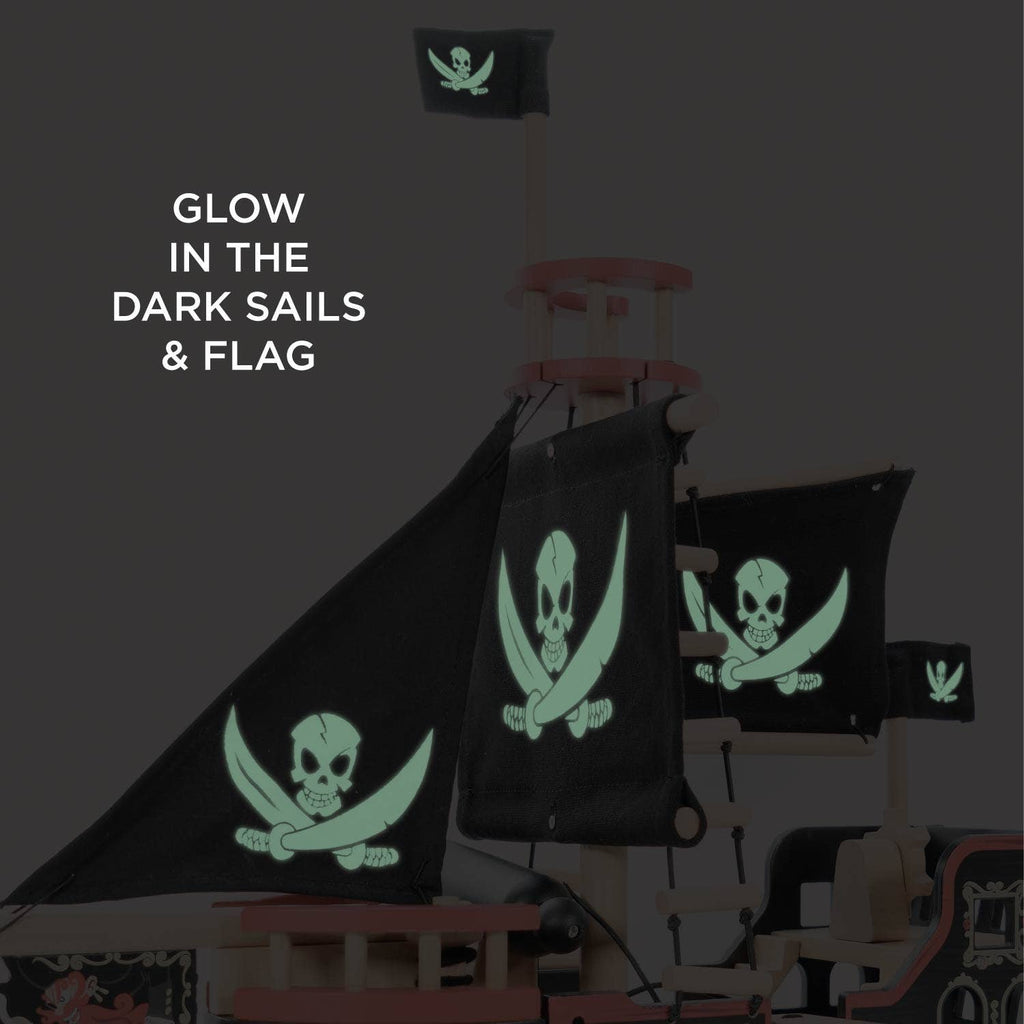 The Barbarossa Pirate Ship & Characters features eco-friendly wooden construction, black sails, and a glow-in-the-dark skull-and-crossbones flag—perfect for imaginative pirate adventures! Ships in one week.