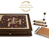 Discover the Board Game: Scrabble Heirloom with Rotating Game Board, featuring a deluxe wooden board, wooden tiles and racks, sand timer, score notebook, and storage drawer for a timeless and elegant crossword experience.