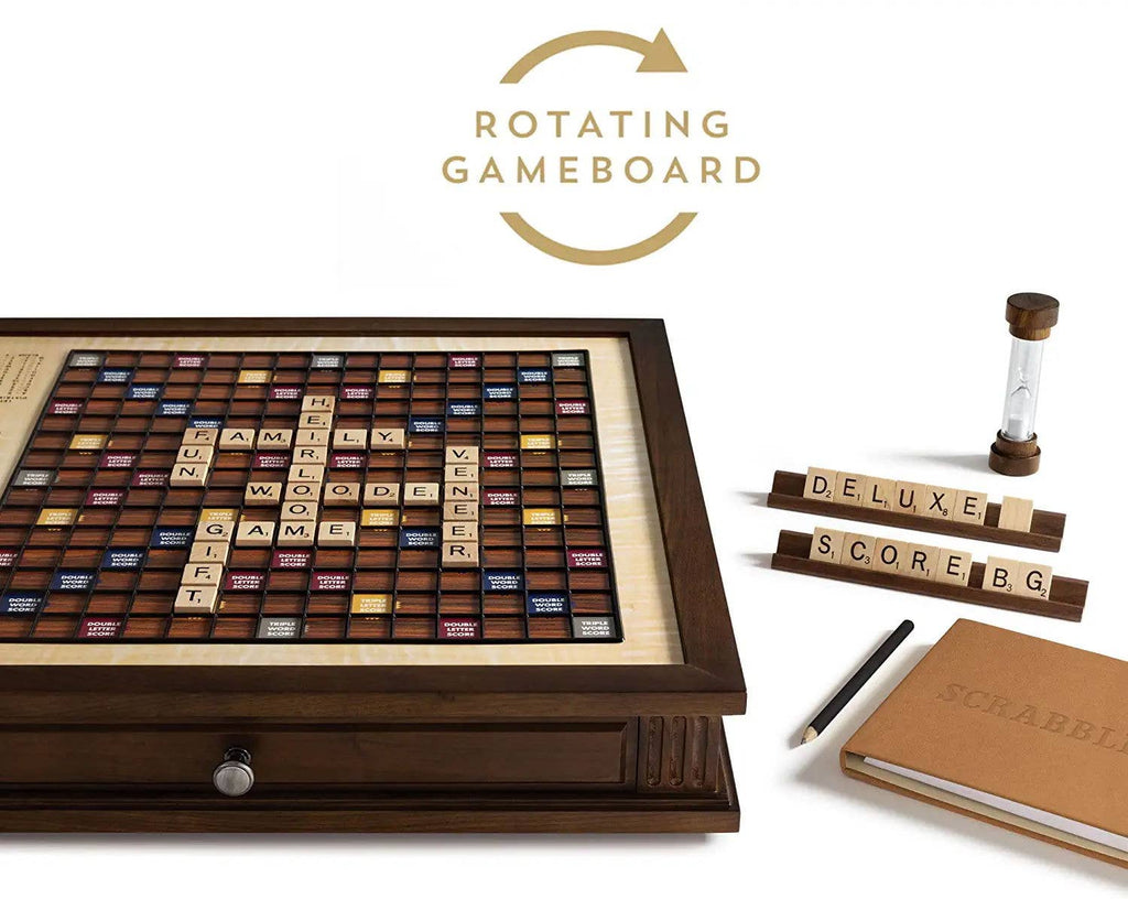 Discover the Board Game: Scrabble Heirloom with Rotating Game Board, featuring a deluxe wooden board, wooden tiles and racks, sand timer, score notebook, and storage drawer for a timeless and elegant crossword experience.