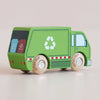 Introducing the No. 36 GT200 Rudy | Made in England: a green wooden recycling truck featuring a white recycling symbol, thoughtfully crafted as an eco-friendly toy for sustainable play. The back includes bins labeled “Paper” and “Metal,” and LETOYVAN is inscribed on its wooden wheels.