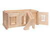 A wooden dollhouse featuring an open front, stairs, windows, and a hinged right-side door. Compatible with the PlanToys Victorian Dollhouse Basement Floor and perfect for accessories. Crafted from natural, unfinished wood.