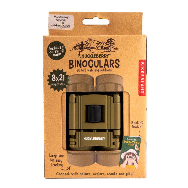 Huckleberry Binoculars in olive green offer 8x21 magnification. Box includes a carrying case and birdwatching guide, encouraging outdoor exploration—an ideal bird watching kit for children.