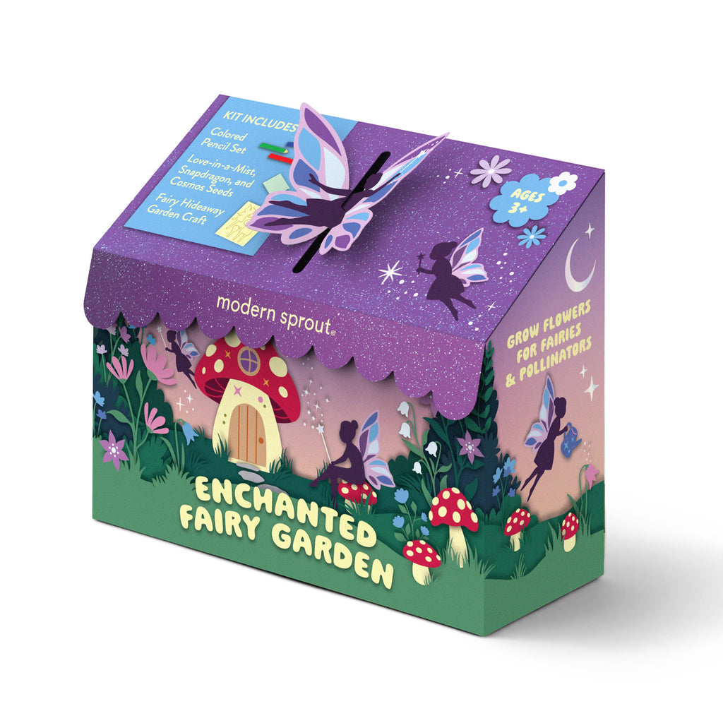 The Magical Minds Garden Kit - Enchanted Fairy Garden is a colorful, house-shaped STEM DIY kit for ages 5+, featuring fairies, mushrooms, and flowers—designed to attract pollinators and spark imagination.