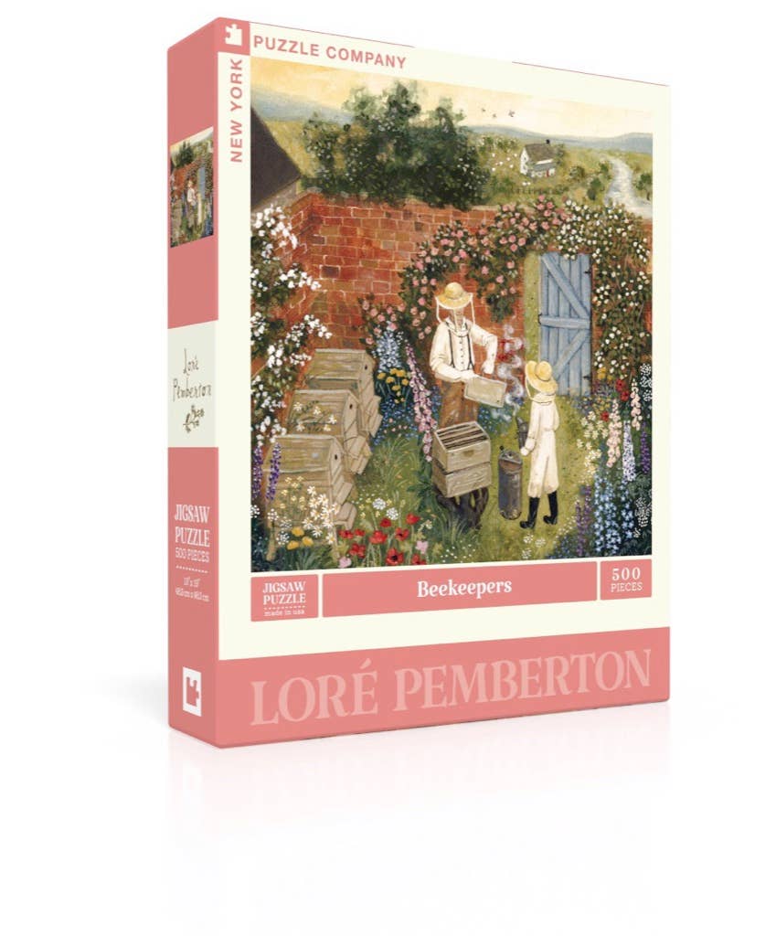 Beekeepers - 500 Piece Jigsaw Puzzle features two people tending beehives and collecting honey in a vibrant garden beside a red brick wall, illustrated by Loré Pemberton.