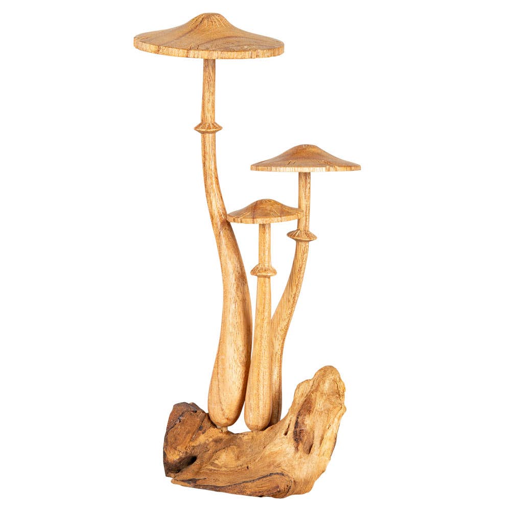The Small Wooden Mushroom Trio features three miniature mushrooms of different heights, each crafted from light brown wood and set on a natural wooden base, forming an abstract and artistic fungi sculpture that adds a distinctive touch to your décor.