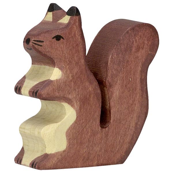 The Squirrel, brown is a handcrafted wooden toy from the HOLZTIGER collection, painted brown with cream accents. Made of maple and beech wood, it features a curled tail and black nose, eyes, and ear tips.