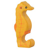 The Holztiger Seahorse is a yellow wooden figurine with orange accents and simple painted features, handcrafted in a style reminiscent of classic HOLZTIGER toys, with an eye and textured lines for detail.