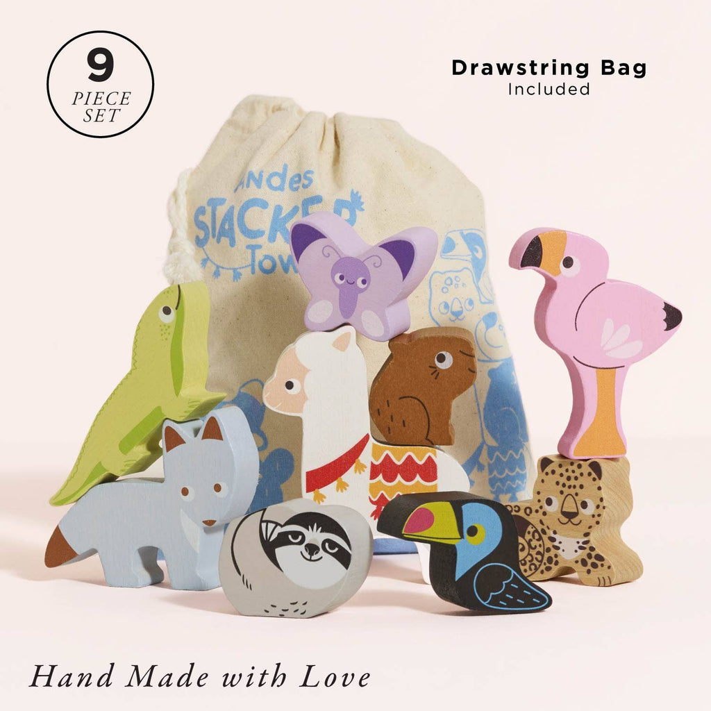 The Andes Stacking Animals & Bag includes nine hand-made wooden animals—bird, flamingo, sloth, fox, cheetah, and more—plus a drawstring storage bag. Text reads "9 Piece Set," "Drawstring Bag Included," and "Hand Made with Love.