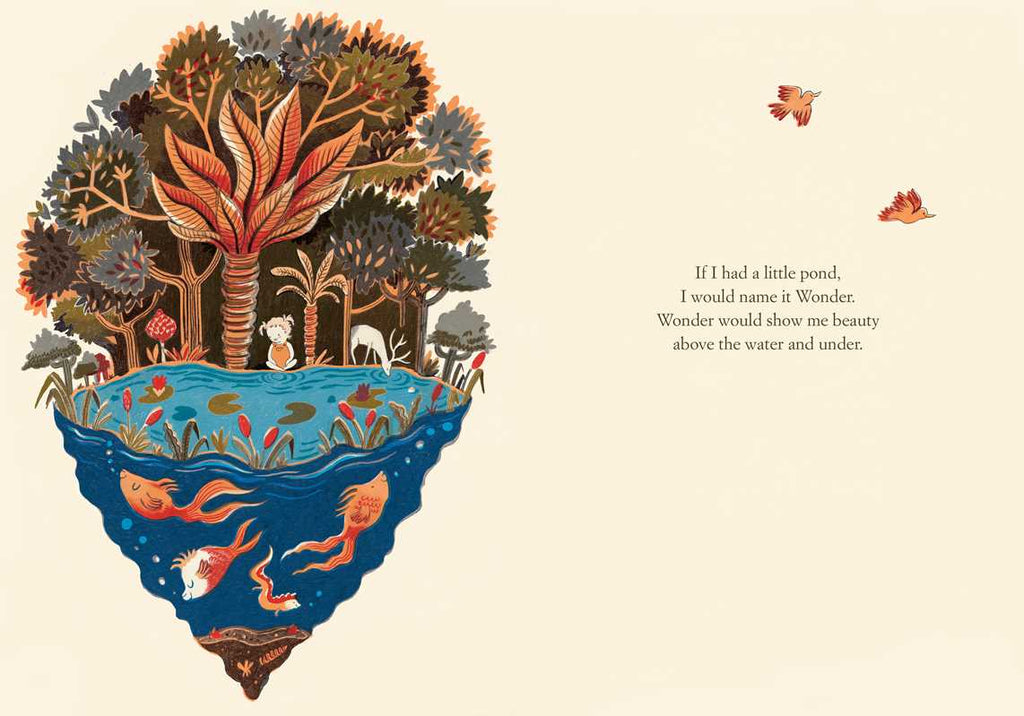 An illustration from "If I Had a Little Dream" by Nina Laden shows a child by a pond, fish swimming below, and birds flying past a short poem, all surrounded by trees, flowers, and animals celebrating the wonder of the world.