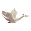 The Handmade Swan Mobile features a felt swan with outstretched wings and a long orange beak. Crafted from organic felt and dyed with eco-friendly dyes, the swan appears in flight, highlighted by detailed wing stitching and a small blue crown.