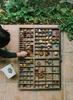 A child arranges the Grapat Play Set - Flower Meadow in a wooden tray outdoors on stone tiles, surrounded by green plants—an inviting scene for imaginative play.