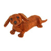 The Dachshund Puppy Dog Stuffed Animal is shown. This plush toy is brown with floppy ears, a long body, short legs, and a small tail. Featuring realistic details like black round eyes and a black nose, it has been meticulously hand sewn by HANSA animals and lies down in a relaxed position.