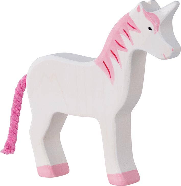 The Holztiger Unicorn is a handcrafted wooden figurine, painted white with pink accents on its mane, tail, hooves, and horn. Made in Europe, this whimsical toy stands on all fours and is perfect for unicorn lovers.