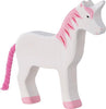 The Holztiger Unicorn is a handcrafted wooden figurine, painted white with pink accents on its mane, tail, hooves, and horn. Made in Europe, this whimsical toy stands on all fours and is perfect for unicorn lovers.