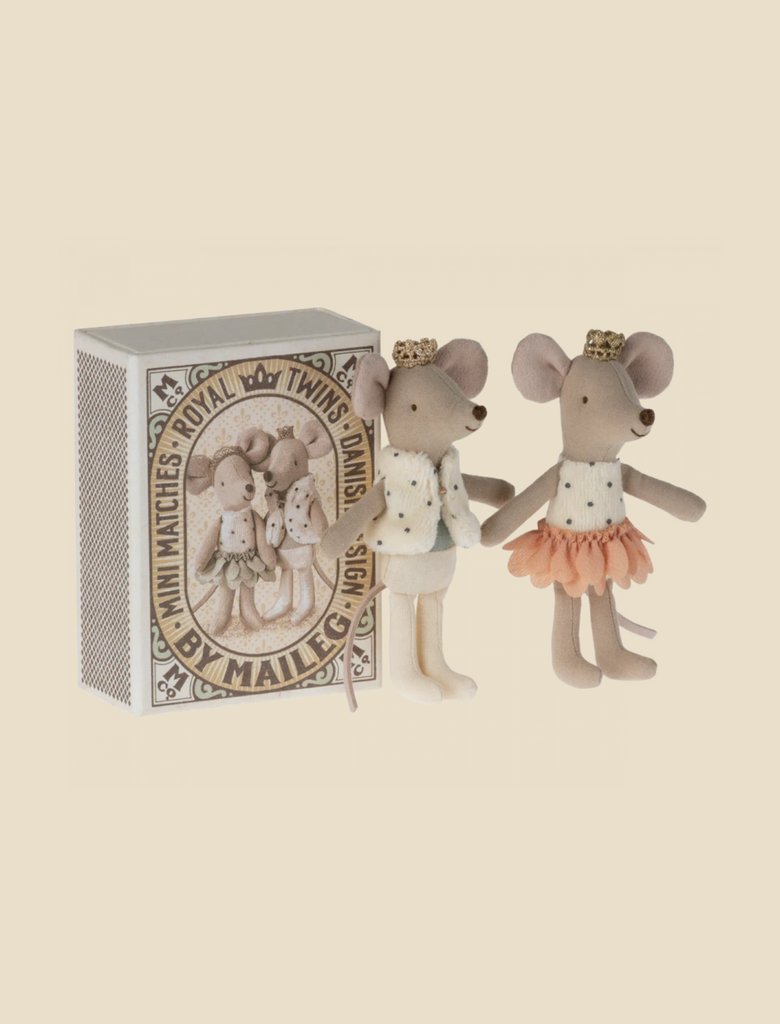 Two Royal Twins in a Box, Little Brother and Sister - Rose standing beside a customized matchbox with "maileg" text. One mouse wears a ribbon bow, the other a tutu; both have gold crowns as royal heirs.