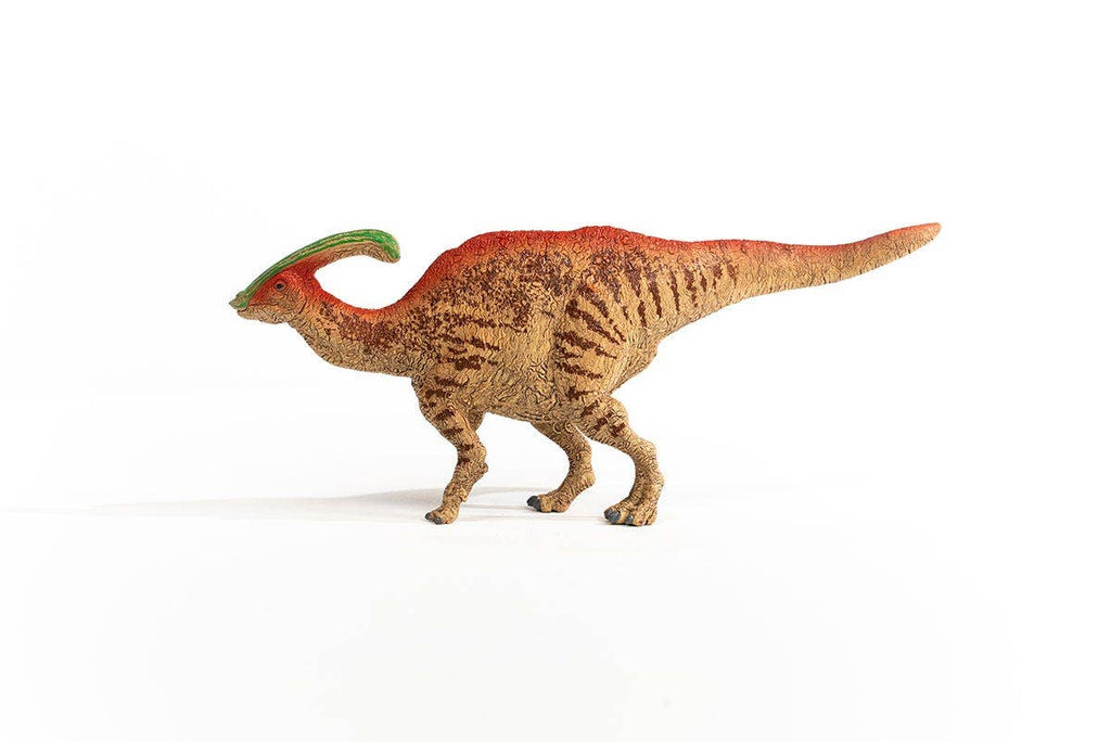 A Schleich Parasaurolophus Large Dinosaur Toy, featuring a brown body with red markings and a green crest, stands on a white background—perfect as a Parasaurolophus figurine for any Schleich Dinosaurs collection or as an exciting dinosaur gift for young enthusiasts.