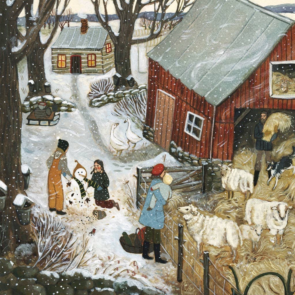 Experience winter fun with the Sugar Snow - 500 Piece Jigsaw Puzzle, featuring a snowy farm scene with a red barn, sheep, playful children, geese, and more—perfect for cozy puzzling.
